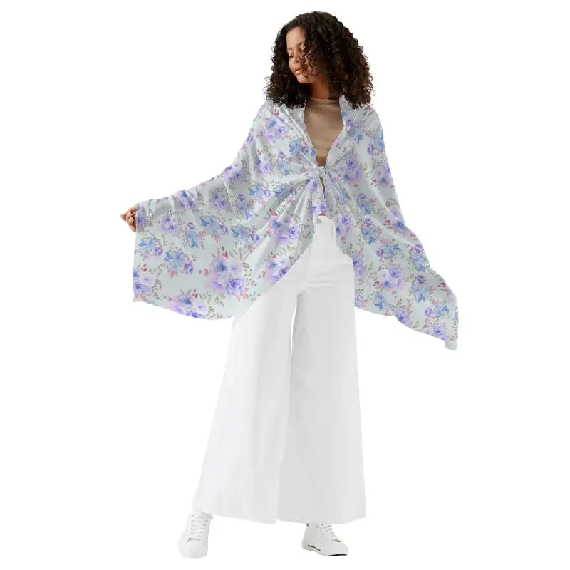 Floral kimono-style wrap over a white dress, ideal womens blue pattern sarong cover