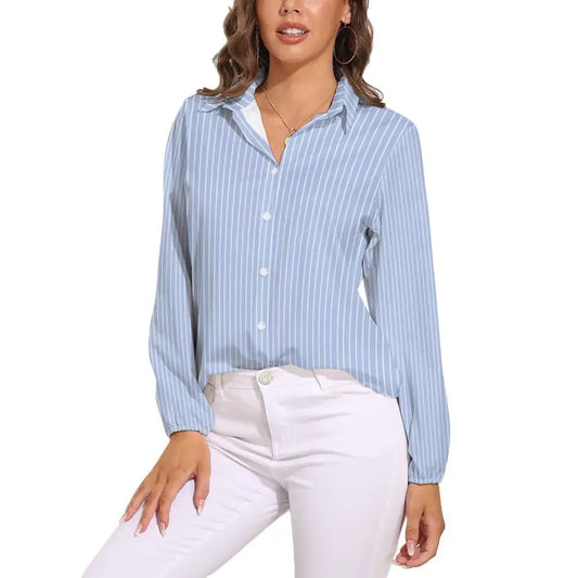 Stylish women’s blue striped blouse with light blue stripes and long sleeves for effortless elegance