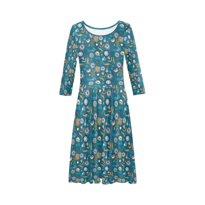 Teal Women’s Boho Floral Half-Sleeve Dress with colorful nature-inspired print