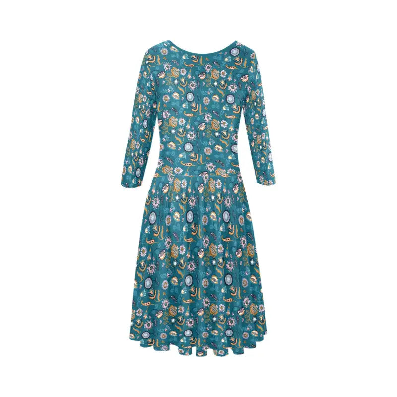 Teal Women’s Boho Floral Half-Sleeve Dress with colorful floral and geometric print