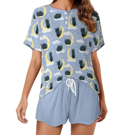 Light blue Women’s Cat Short Pajamas set with cute patterned top and matching shorts