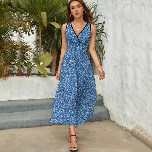 Blue floral print maxi dress with V-neckline, perfect for women’s ditsy floral sleeveless dress