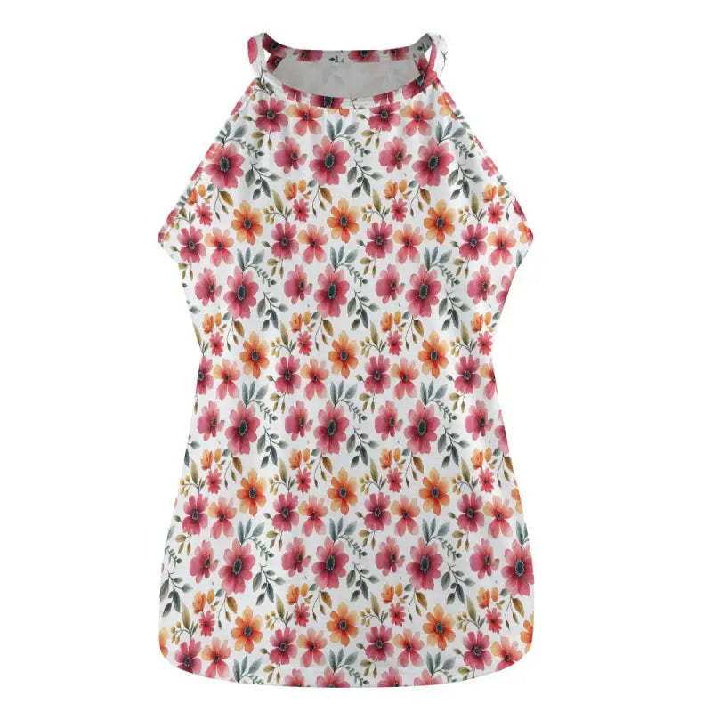 Sleeveless floral dress with pink and orange print perfect for beach outings and women’s floral crew