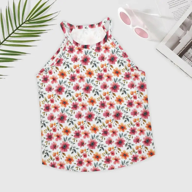 Floral crew neck tank top with bright flowers perfect for women’s beach outings