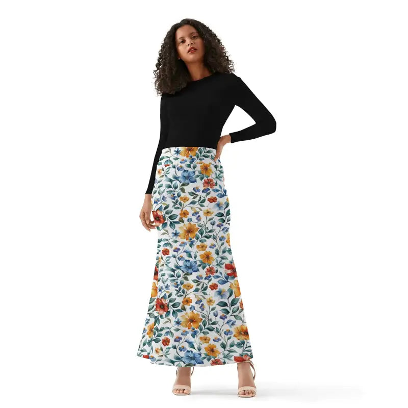 Woman in black top flaunting a Womens Floral Fit and Flare Maxi Skirt with style