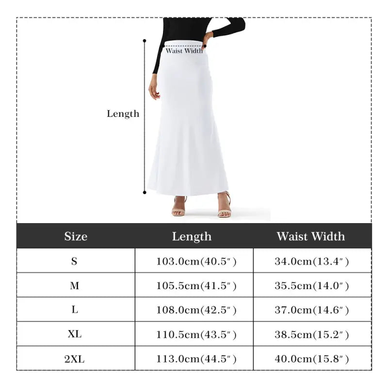 Long white Womens Floral Fit and Flare Maxi Skirt with size chart for easy fitting