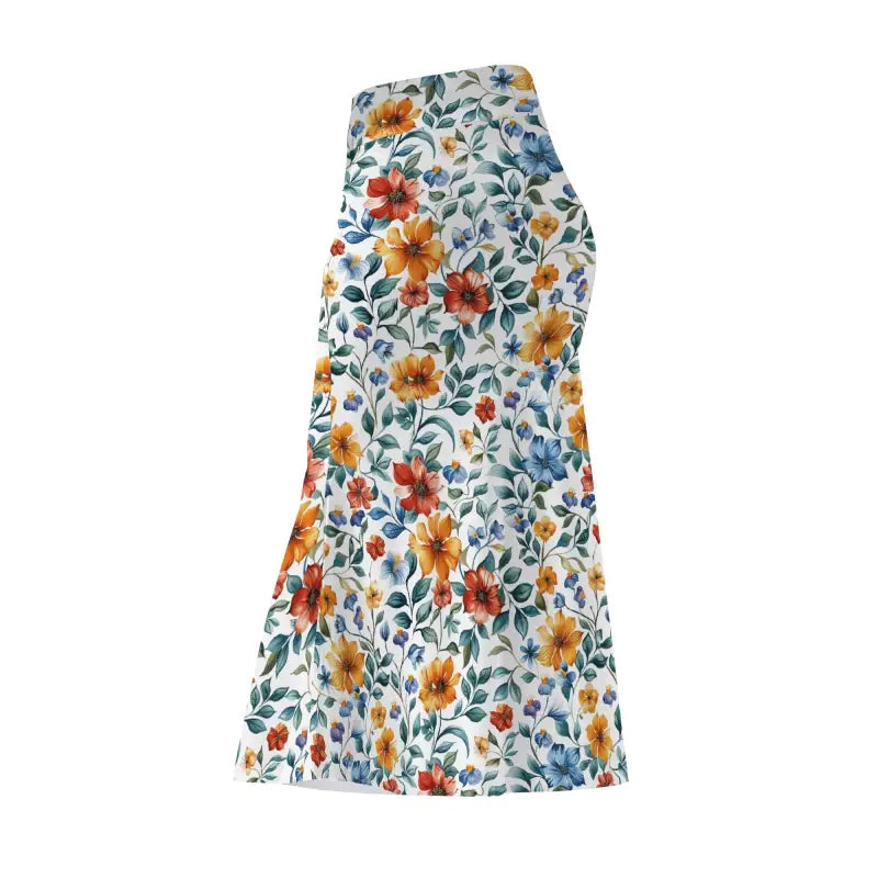 Womens Floral Fit Flare Maxi Skirt with colorful flowers on white background