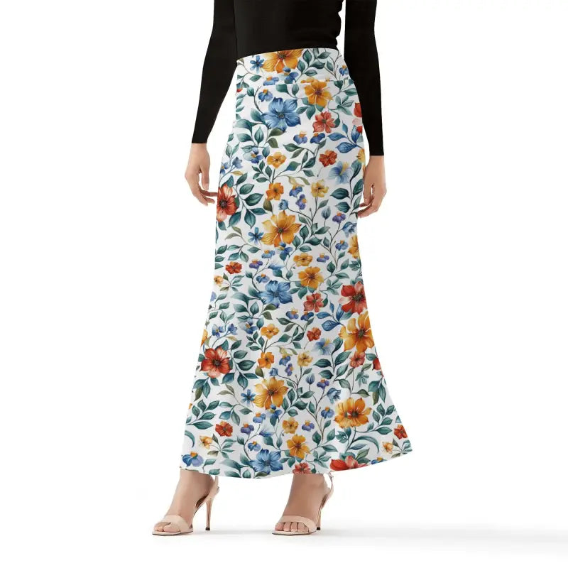 Womens Floral Fit and Flare Maxi Skirt featuring a fitted waist and flared silhouette