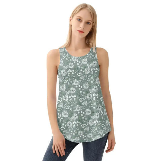 Sage green sleeveless floral racerback tank top with a curved hem for summer parties