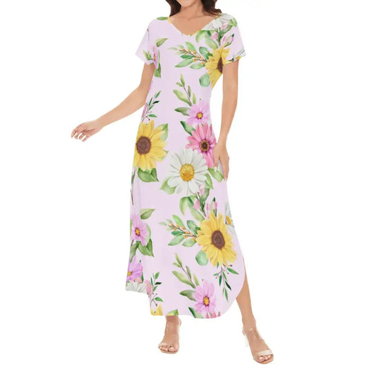 Womens Floral Short Sleeve Long Draped Dress featuring a chic floral print and side slit