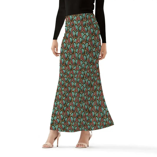 Long patterned Womens Peacock Feather Fishtail Maxi Skirt in green, brown, and orange