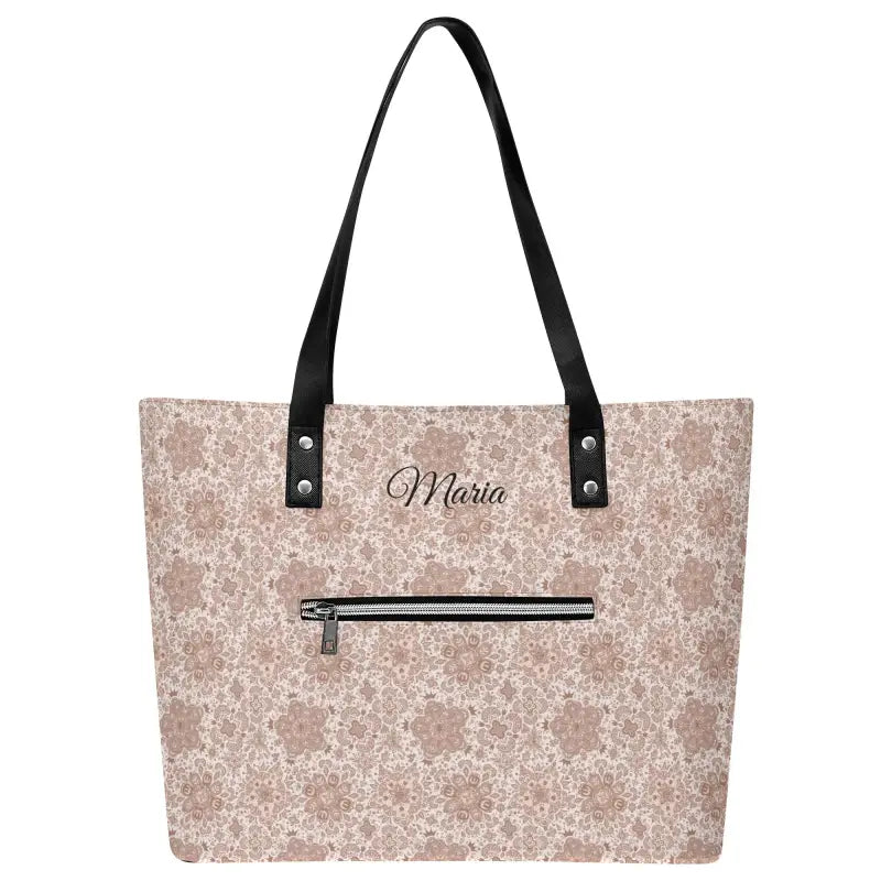 Beige floral personalized tote bag for women with zipper pocket and black handles, Maria