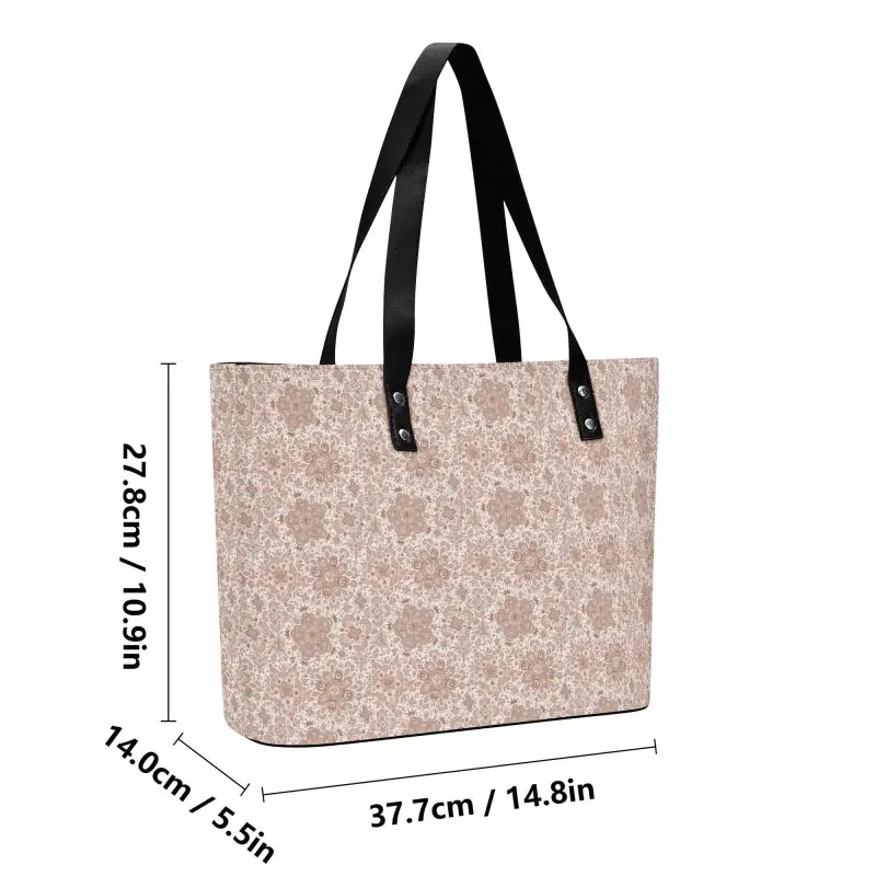 Beige floral personalized tote bag for women with black handles and zipper pocket