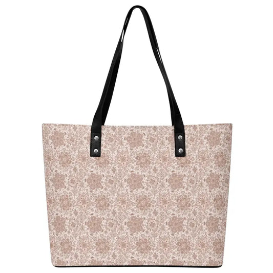 Beige floral women’s personalized tote bag with black handles and zipper pocket