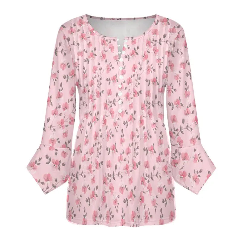 Stylish Women’s Pink Floral Print Bohemian Top with bell sleeves and scoop neckline