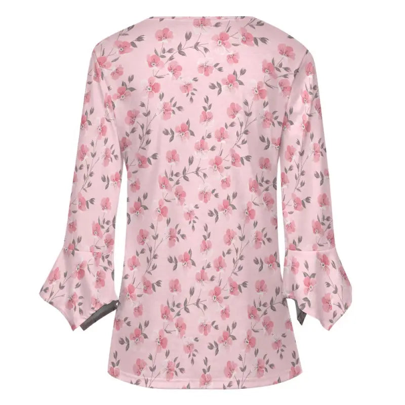 Women’s Pink Floral Print Bohemian Top with three-quarter sleeves and flared cuffs