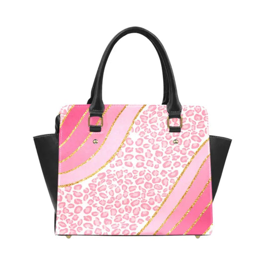 Stylish pink leopard shoulder handbag with diagonal stripes, a perfect statement piece