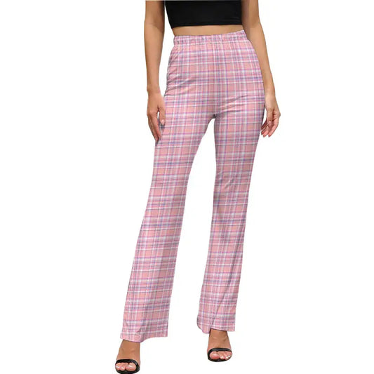 Stylish Women’s Pink Plaid Flared Pants with a high waist and wide-leg design