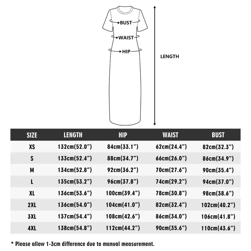 Sizing chart for a womens striped t-shirt dress with measurements for all body types