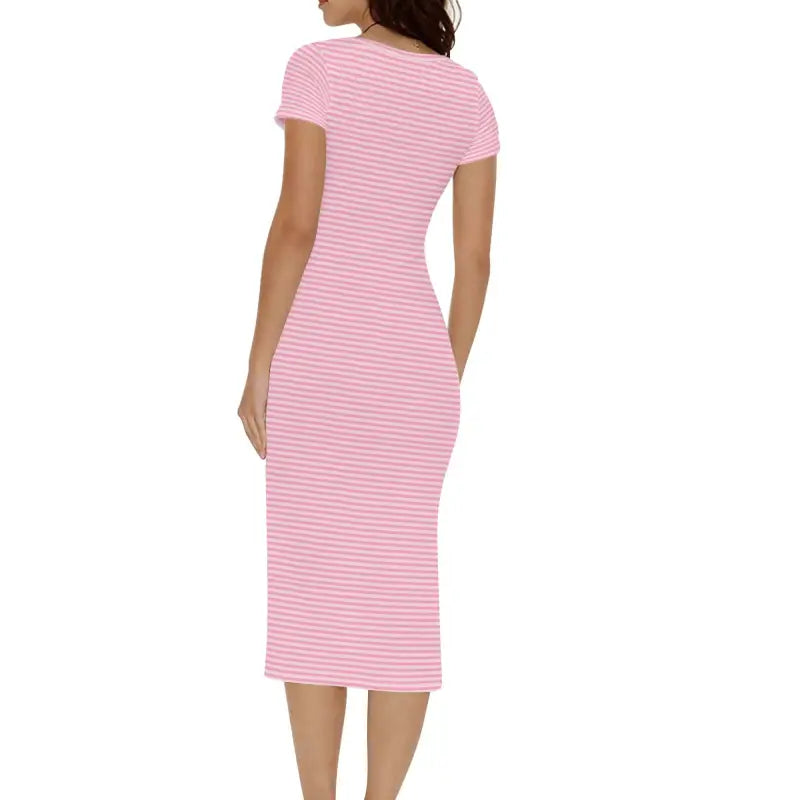 Pink and white striped t-shirt dress perfect for all body types with short sleeves