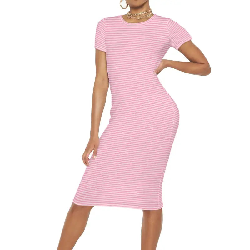 Pink and white striped t-shirt dress perfect for all body types with short sleeves