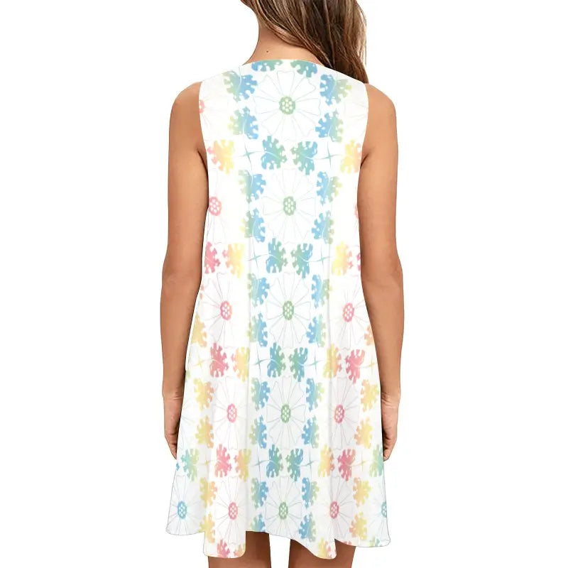 Sleeveless white floral A-Line pocket dress with colorful print design for women