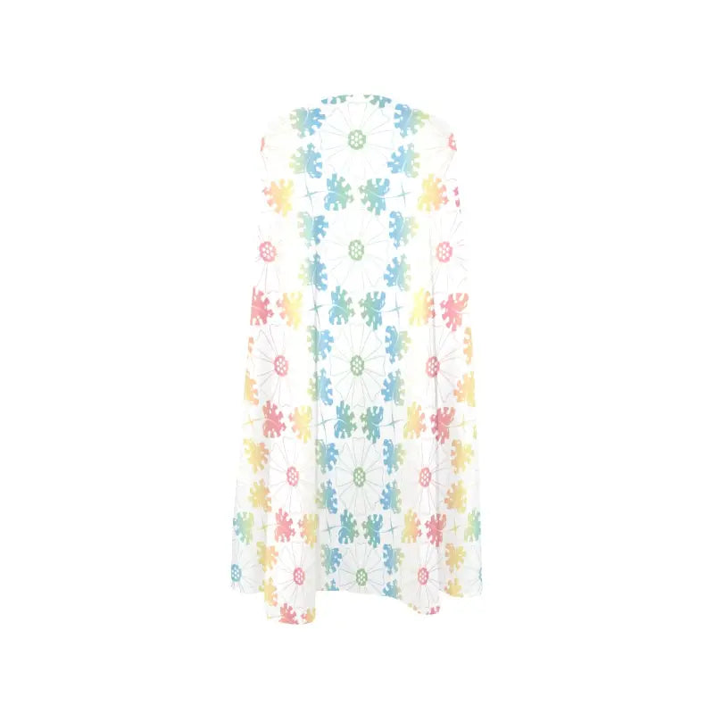 Floral sleeveless A-line pocket dress with pastel daisy pattern on a white background