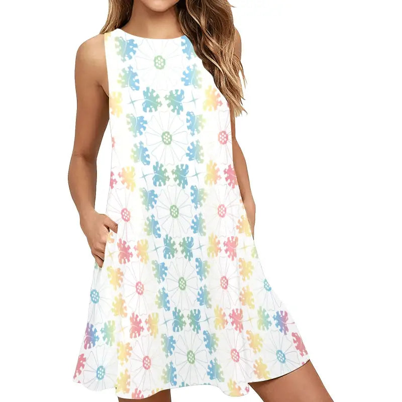 Sleeveless A-line pocket dress in white with a bright floral pattern for women’s fashion