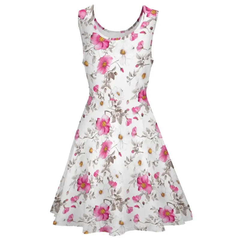 Sleeveless white floral dress perfect for summer picnics and garden parties