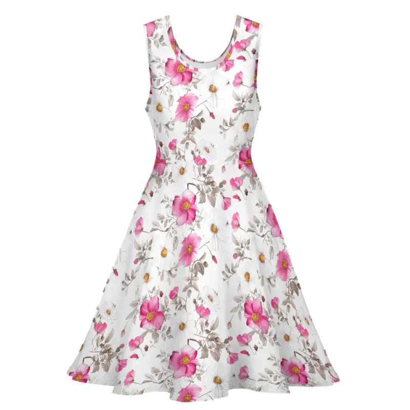 Stylish white floral sleeveless dress perfect for summer picnics and garden parties