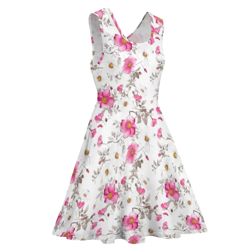 White floral sleeveless dress perfect for summer picnics and garden parties